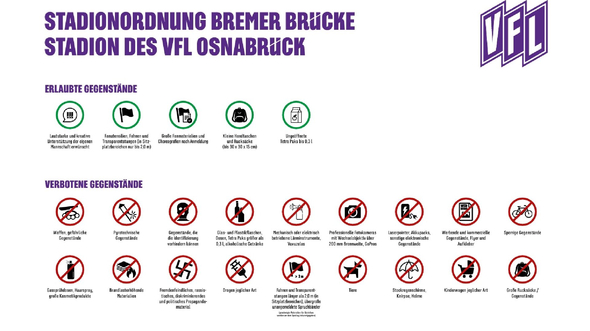 Grafik zu verbotenen und erlaubten Gegenständen im Stadion in Osnabrück.
