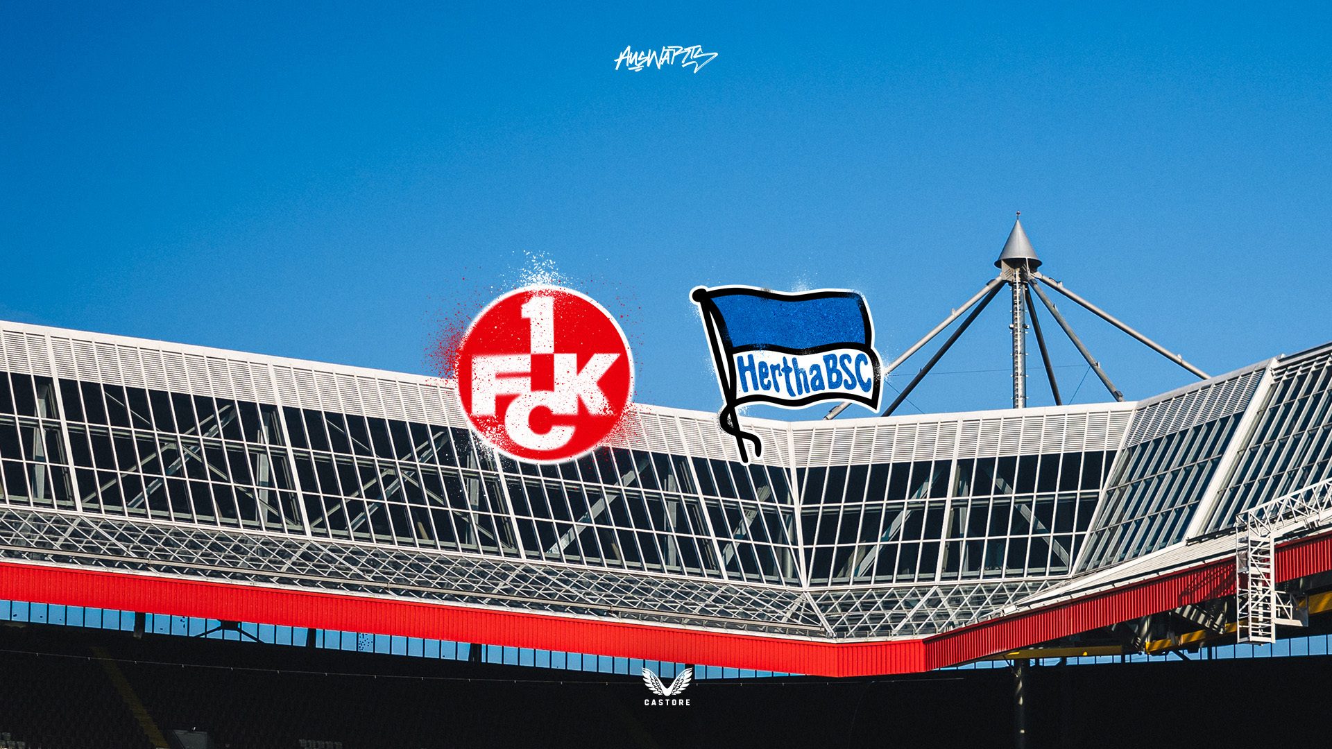 Die Logos vom 1. FC Kaiserslautern und Hertha BSC vor dem Dach des Fritz-Walter-Stadion.