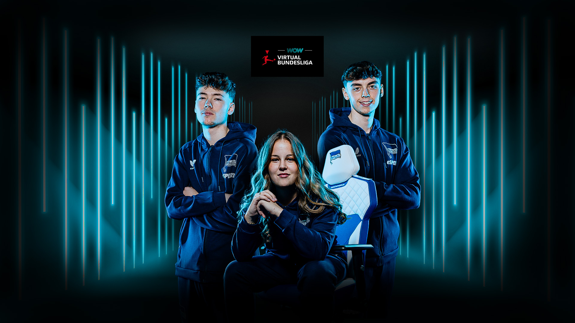 Das eSport-Team von Hertha BSC für die Saison 2026/27: Noah, Basti und Liev.