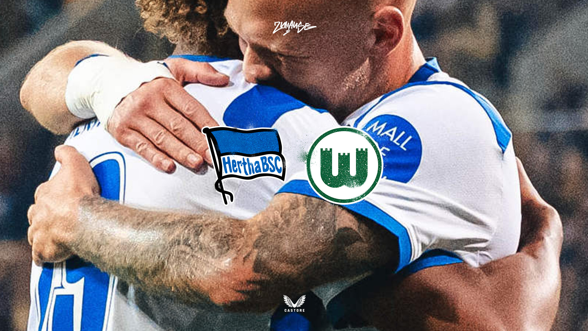 Grafik zum Heimspiel gegen Wolfsburg mit den Wappen von Hertha BSC und dem VfL.